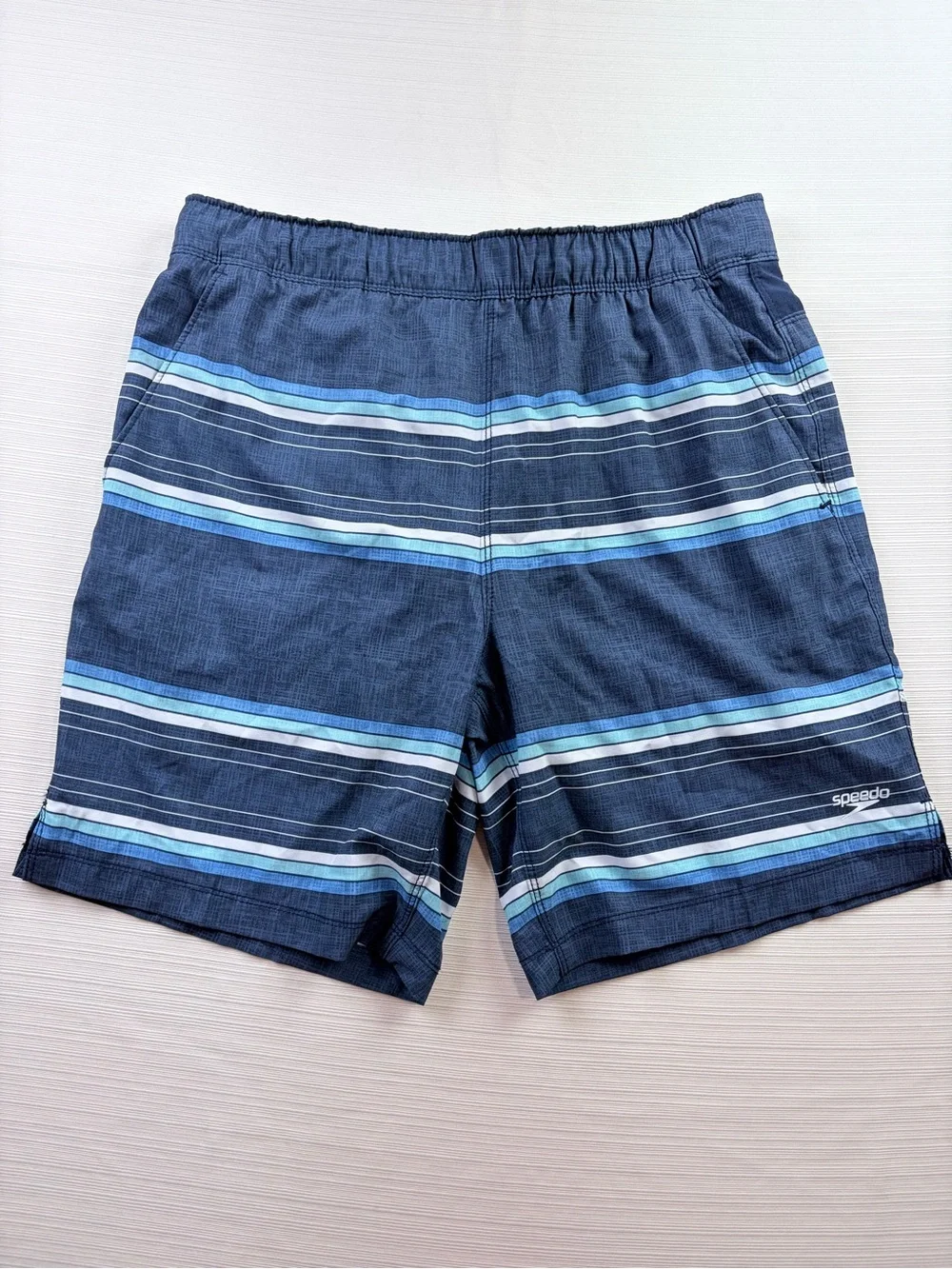 Speedo Men's Dark Blue Swim Shorts with Light Blue and White Stripes